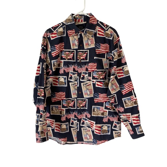 Cotton Traders Sport USA Shirt Blue Flag Print Long Sleeve Button Up Mens Size M - Picture 1 of 7